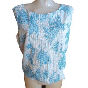 Large Vintage Mode ODay Sleeveless Blouse Blue Toile Print Rear Button Back 60s